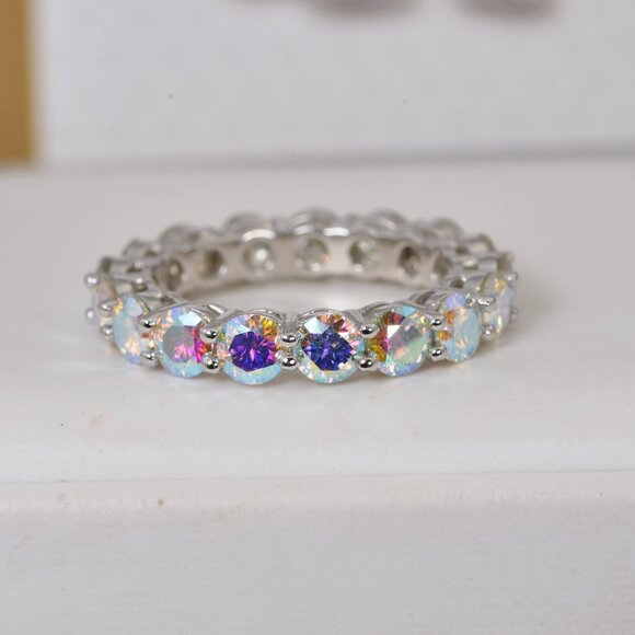GRA Certified AB Moonstone All Moissanite Eternity Ring 925 Sterling - Picture 1 of 4